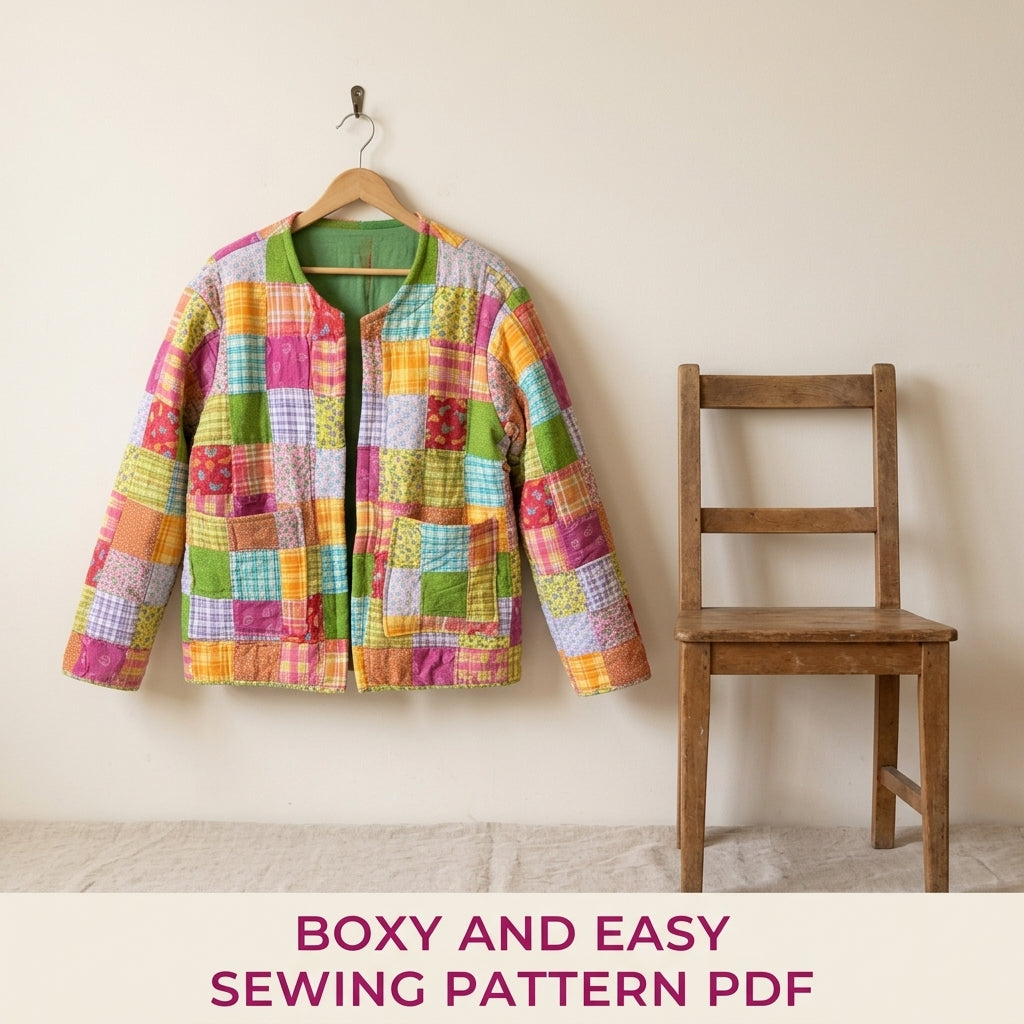Bright Patchwork Quilted Jacket Sewing Pattern PDF – Boxy Scrap Quilt Coat
