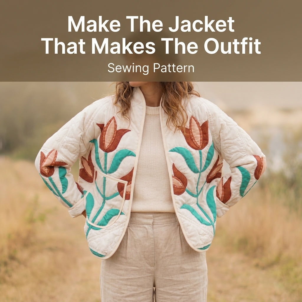 Zip-Front Quilt Jacket Sewing Pattern — Patchwork Bomber with Stand Collar and Shaped Pockets, Sizes XS–3XL, A0 and A4 PDF