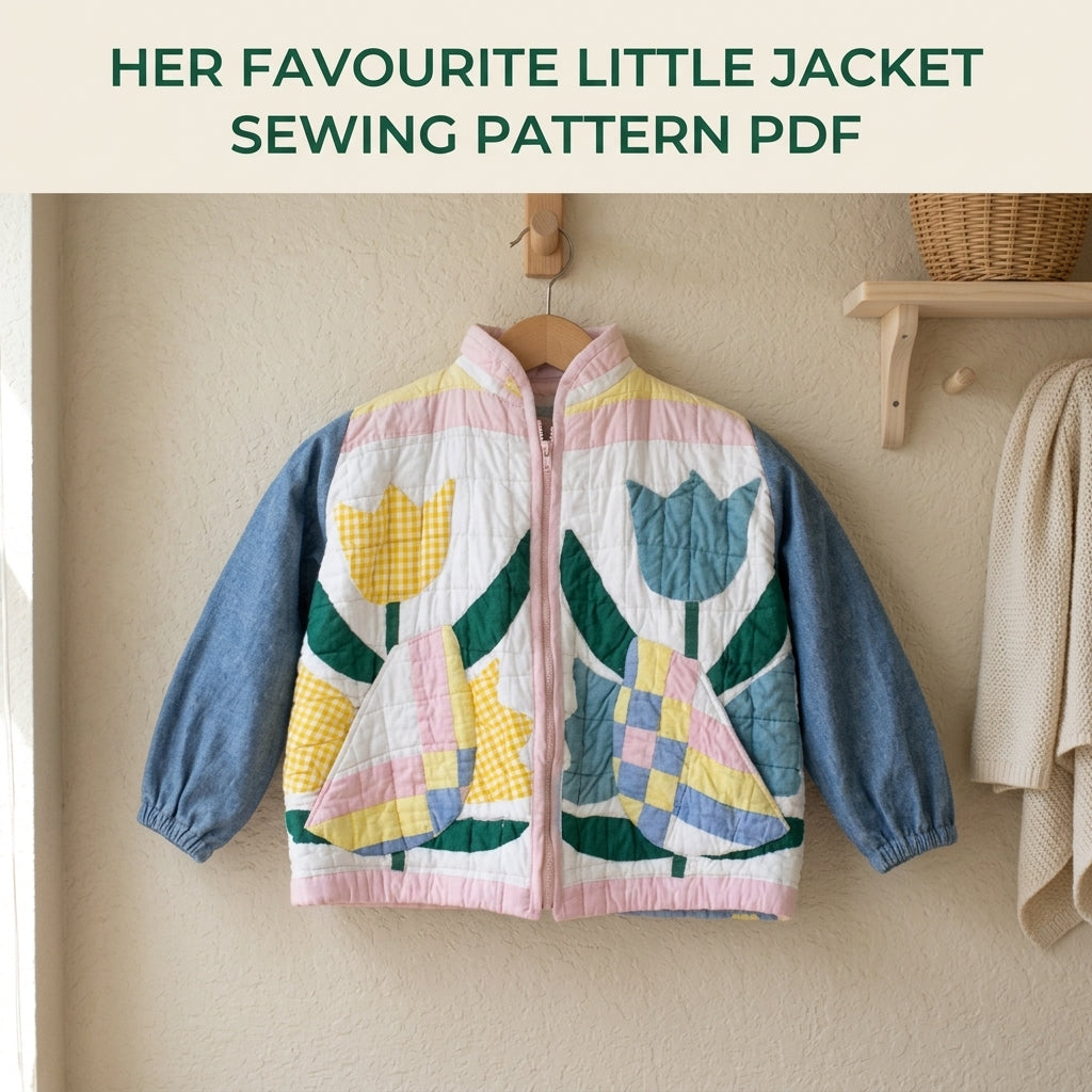 Kids Tulip Quilt Jacket Sewing Pattern PDF – Children's Quilted Zip Jacket with Denim Sleeves