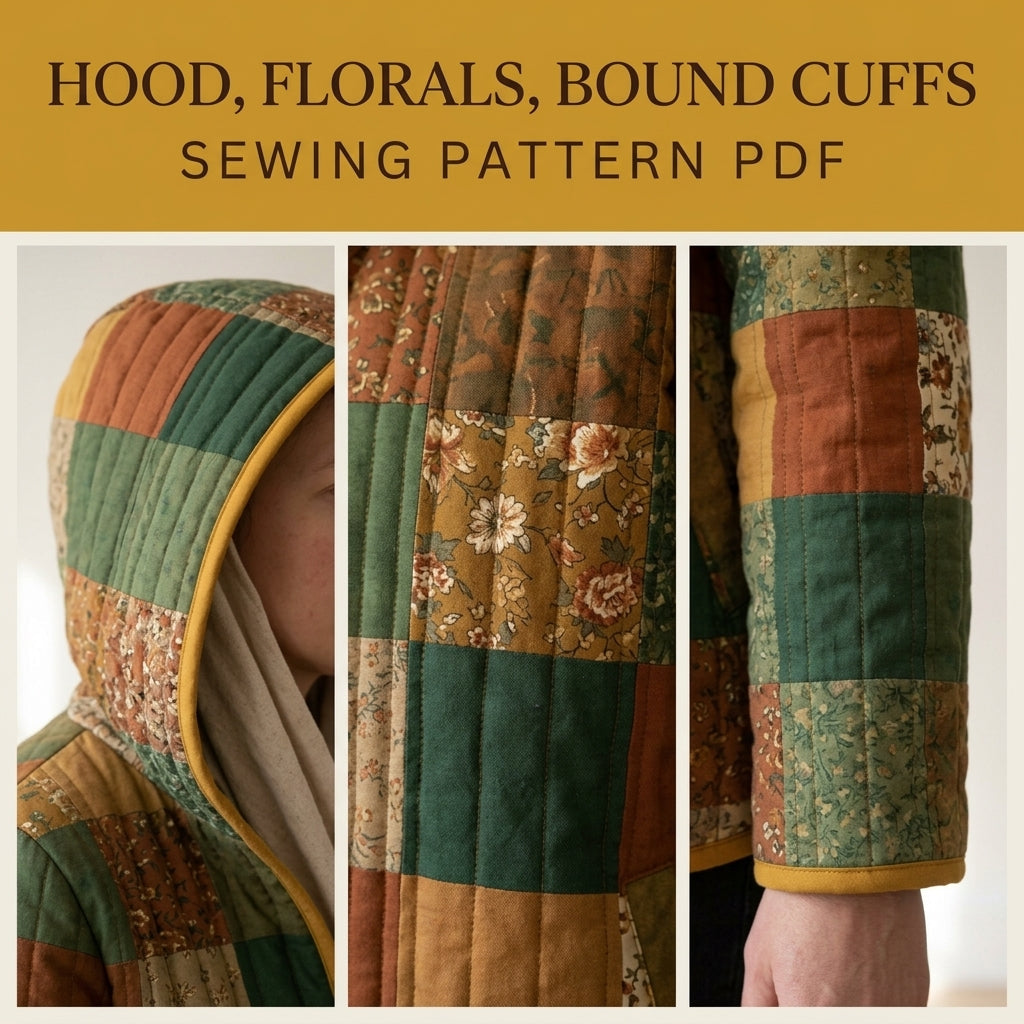 Hooded Quilted Jacket Sewing Pattern PDF – Patchwork Liner Jacket with Vintage Florals and Bias Binding