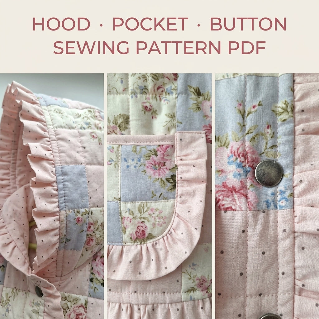Kids Ruffle Patchwork Quilted Jacket Sewing Pattern PDF – Girls Hooded Quilt Coat