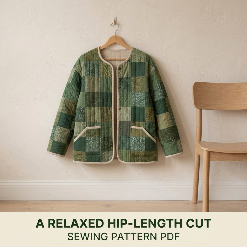 Collarless Quilted Coat Sewing Pattern PDF – Easy Patchwork Jacket