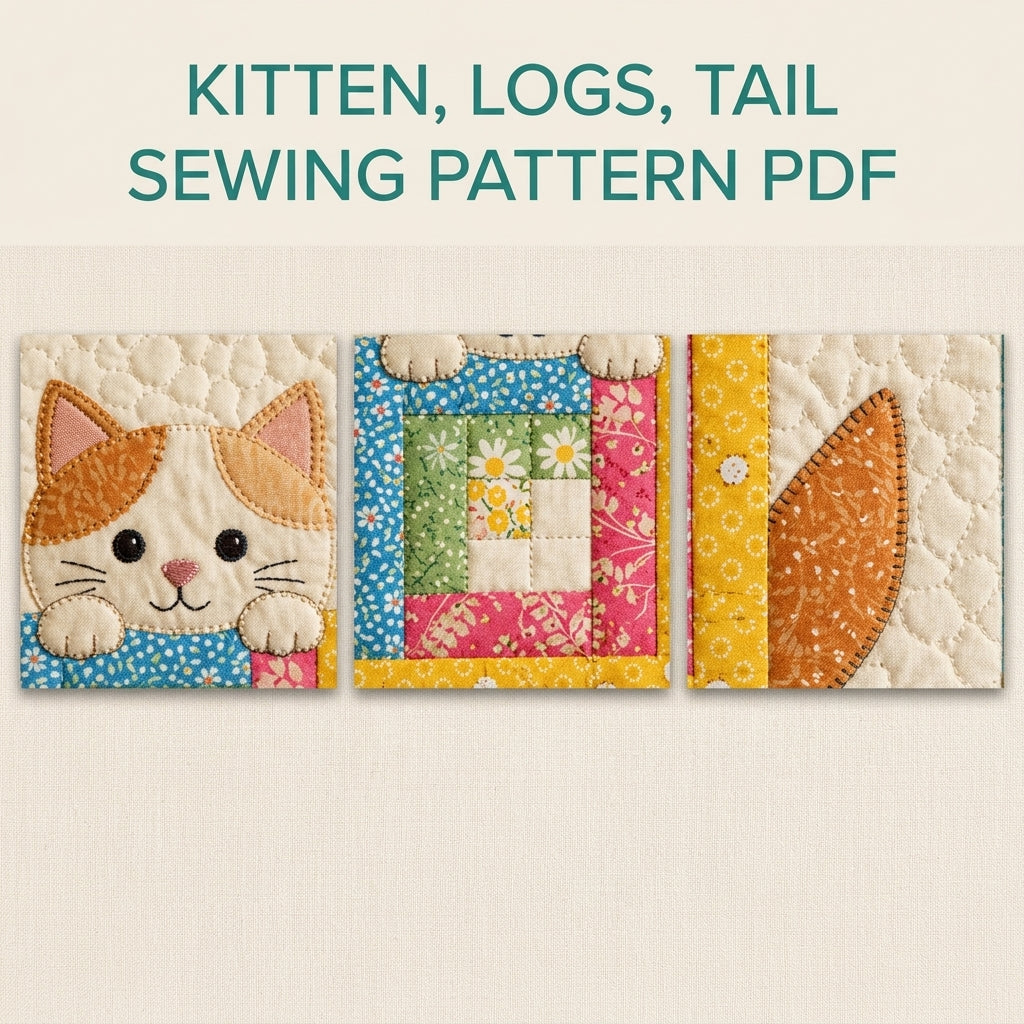 Log Cabin Kitty Mini Quilt Sewing Pattern PDF – Cat Appliqué Wall Quilt