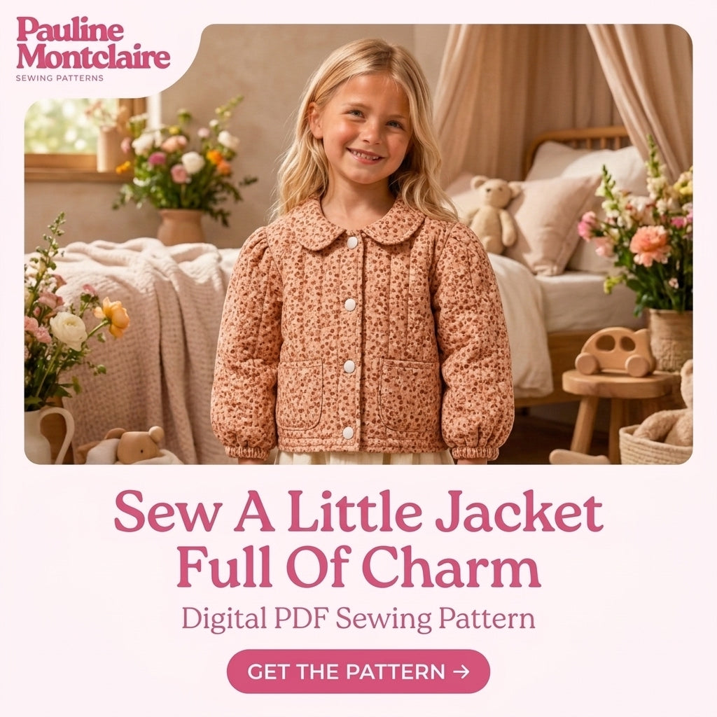 Children's Quilted Collar Jacket Sewing Pattern PDF – Girls' Collar Jacket with Puff Sleeves and Patch Pockets