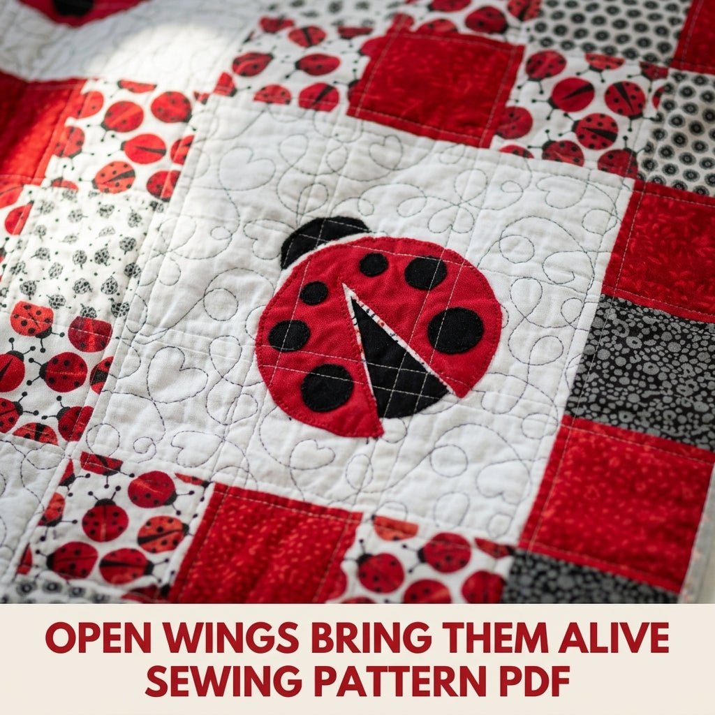 Scrappy Ladybug Patchwork Quilt Sewing Pattern PDF – Red and White Appliqué Quilt