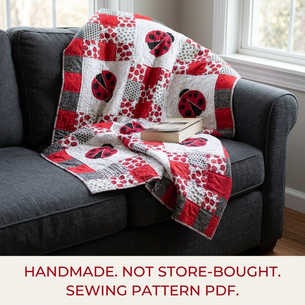 Ladybug Patchwork Quilt Sewing Pattern PDF – Appliqué Ladybug Squares Quilt