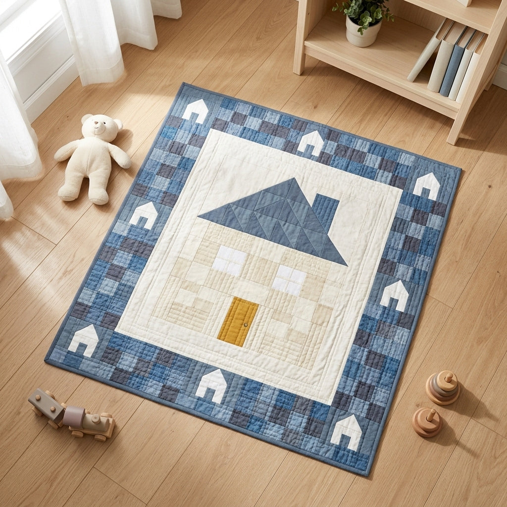 Little House Baby Quilt Pattern PDF – Pieced Nursery Quilt with Blue Checkerboard Border