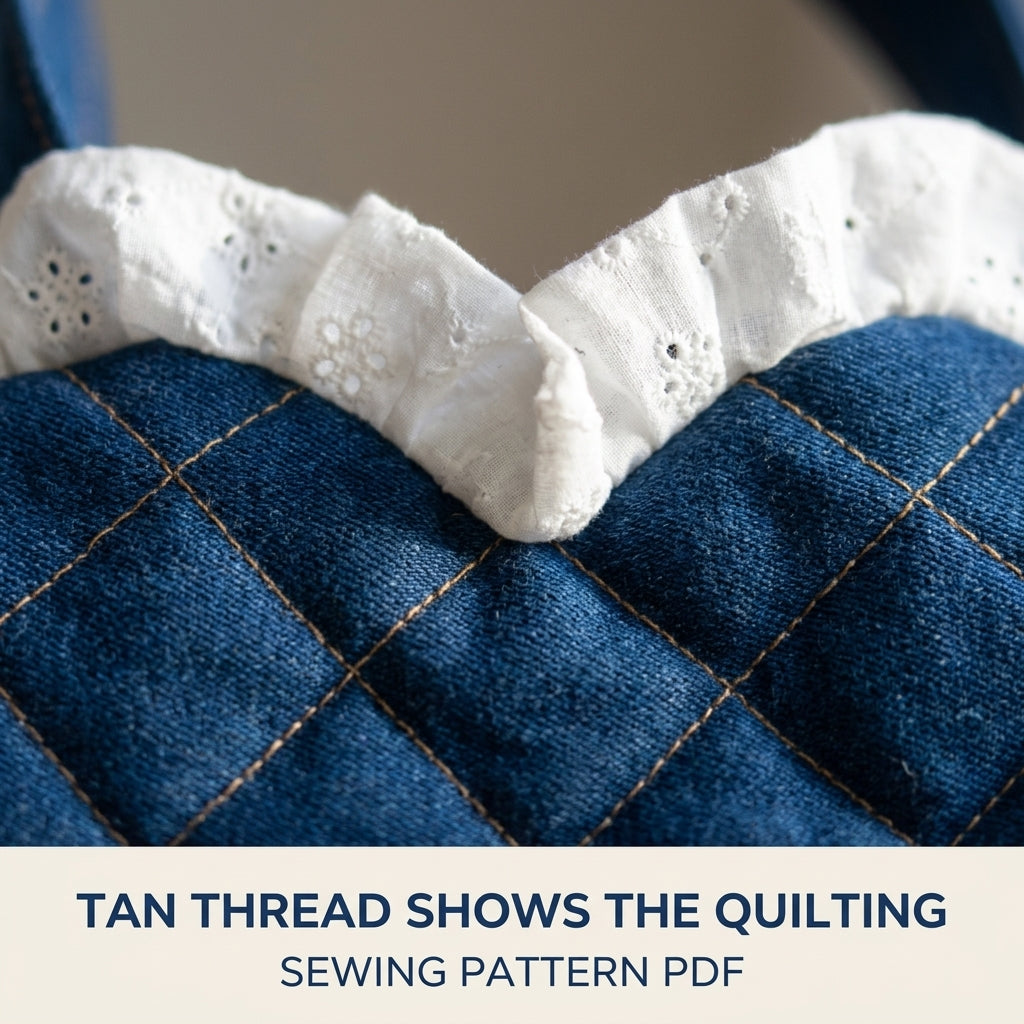 Denim Eyelet Heart Bag Sewing Pattern PDF – Quilted Heart Purse with Lace Ruffle