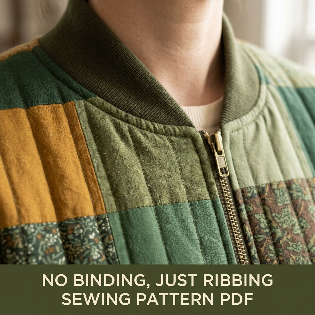 Quilted Bomber Jacket Sewing Pattern PDF – Patchwork Quilt Bomber with Zip and Rib Knit Trim