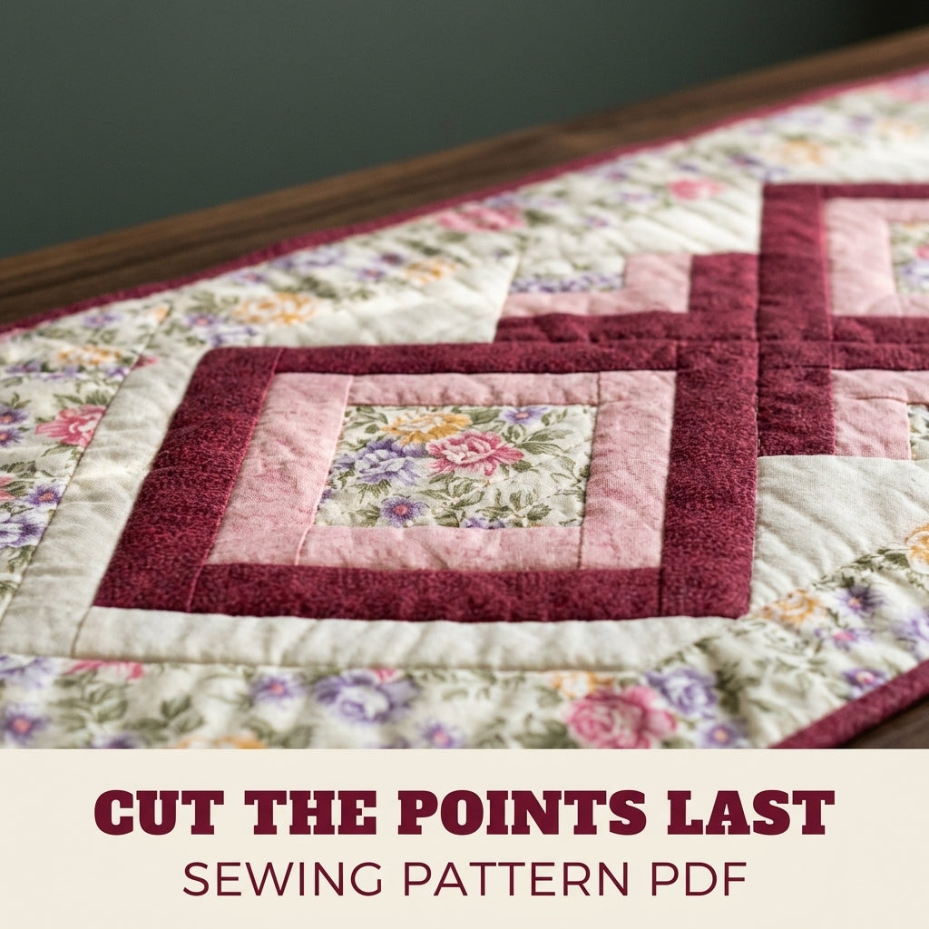 Rose Diamond Table Runner Sewing Pattern PDF – Log Cabin Quilted Runner with Rose Border