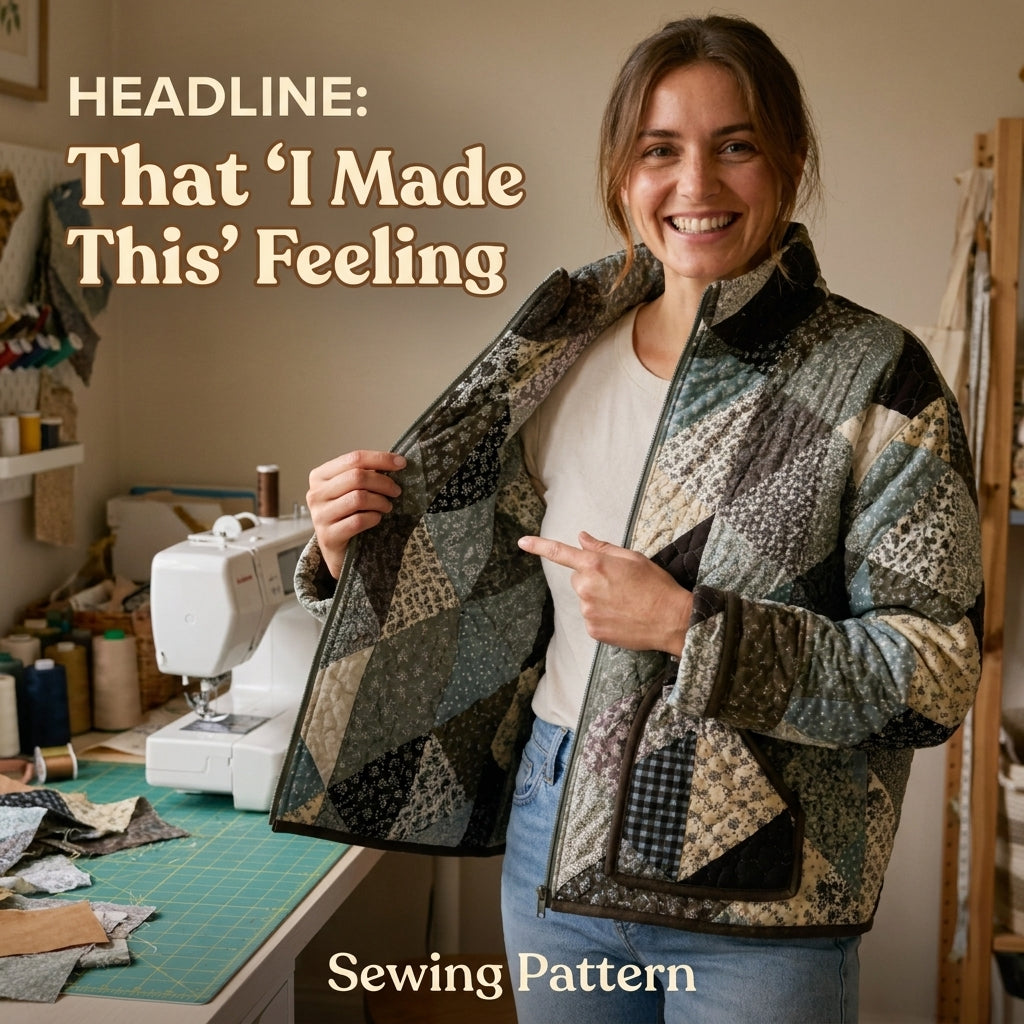 Patchwork Bomber Jacket Sewing Pattern — Quilted Zip Jacket with Funnel Collar, Sizes XS–3XL, A0 and A4 PDF