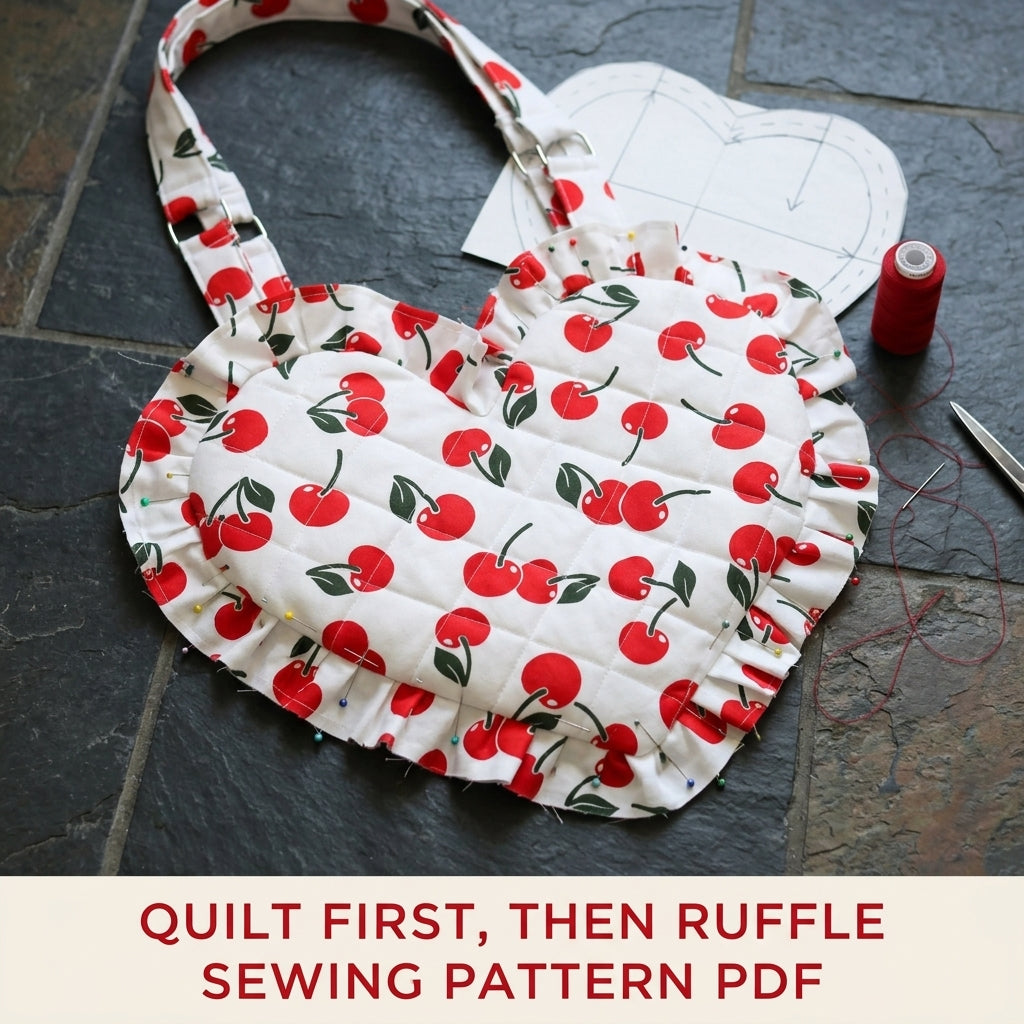 Cherry Quilted Heart Bag Sewing Pattern PDF – Heart Shoulder Bag with Ruffle and Charm