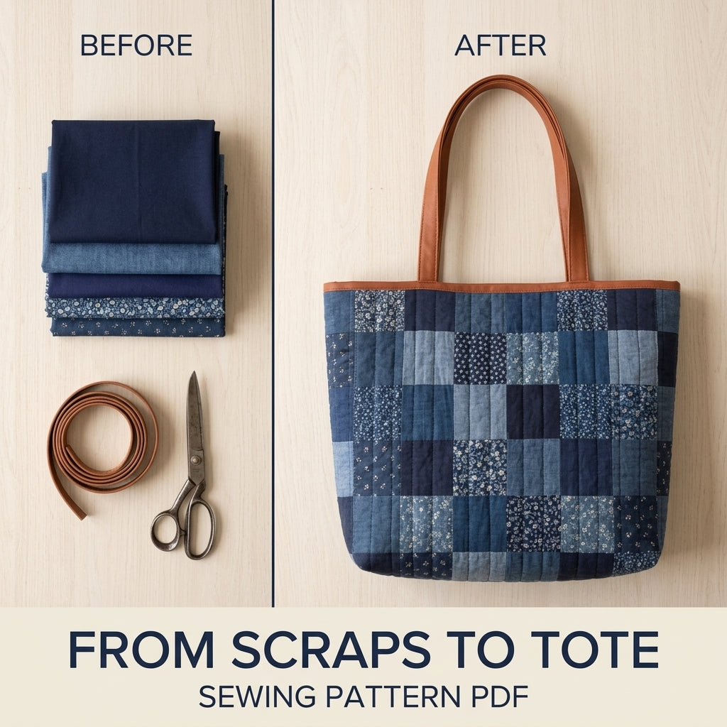 Quilted Tote Bag Sewing Pattern PDF – Patchwork Quilt Tote with Shoulder Straps