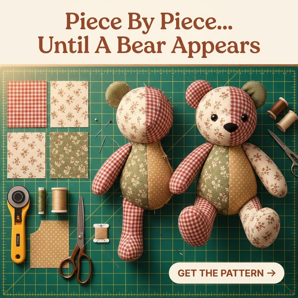 Patchwork Teddy Bear PDF Sewing Pattern | Memory Bear from Keepsake Fabrics | Jointed-Look Sitting Bear | Instant Download