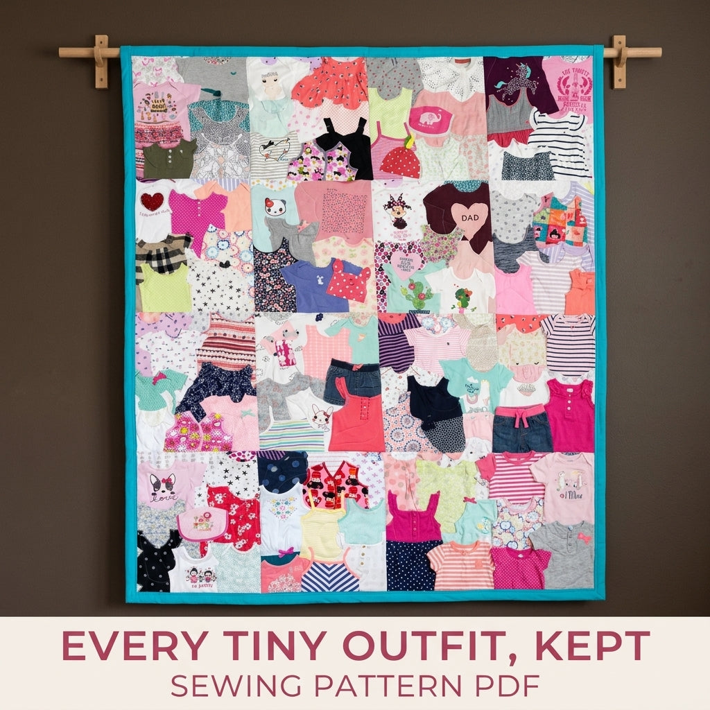 Teal Border Onesie Memory Quilt Sewing Pattern PDF – Baby Clothes Keepsake Quilt with Teal Border