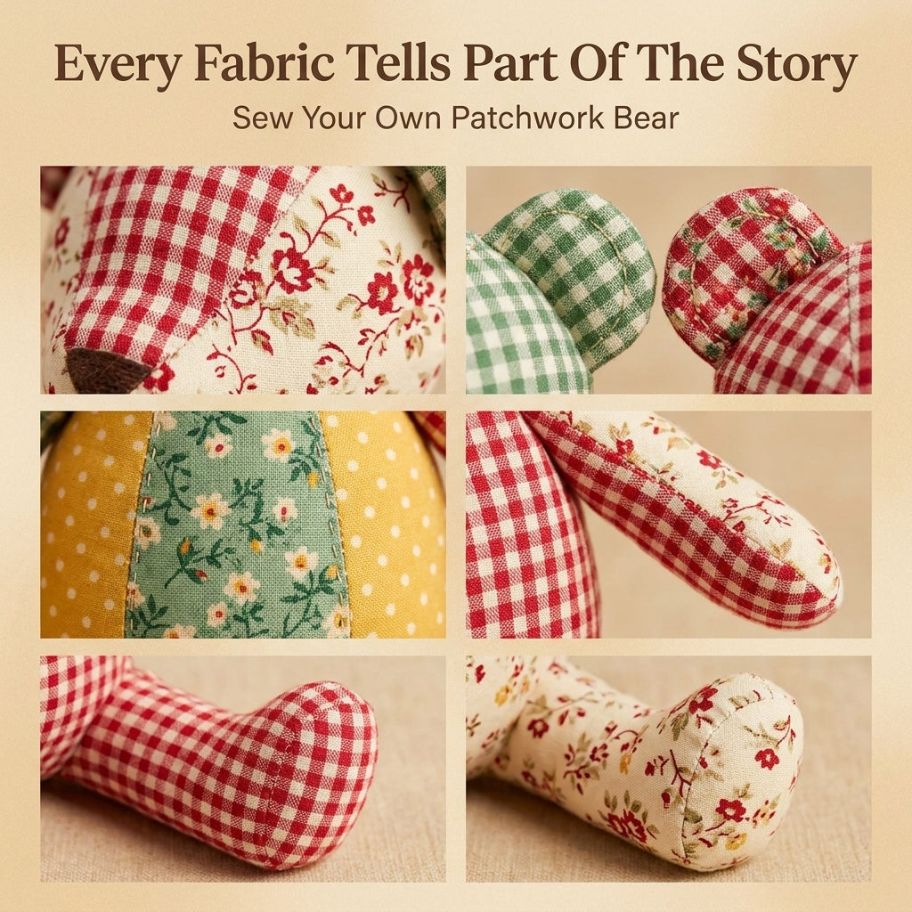Patchwork Teddy Bear PDF Sewing Pattern | Memory Bear from Keepsake Fabrics | Jointed-Look Sitting Bear | Instant Download