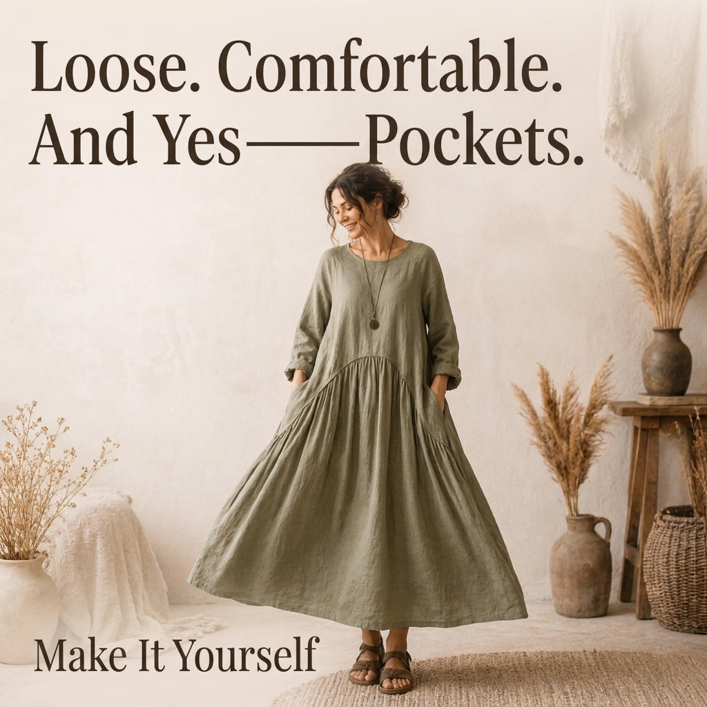 Boho Maxi Dress Sewing Pattern — Oversized Linen Dress with Deep Pockets, No Zips or Buttons, US 6–28W, A0 and A4 PDF