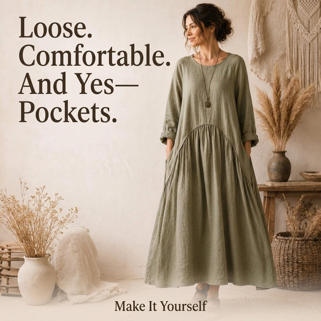 Boho Maxi Dress Sewing Pattern — Oversized Linen Dress with Deep Pockets, No Zips or Buttons, US 6–28W, A0 and A4 PDF
