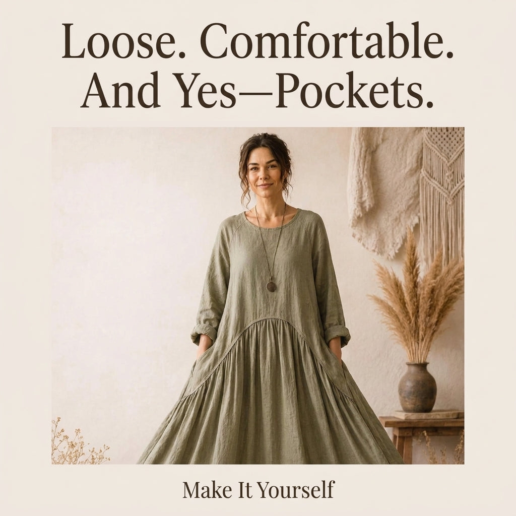 Boho Maxi Dress Sewing Pattern — Oversized Linen Dress with Deep Pockets, No Zips or Buttons, US 6–28W, A0 and A4 PDF