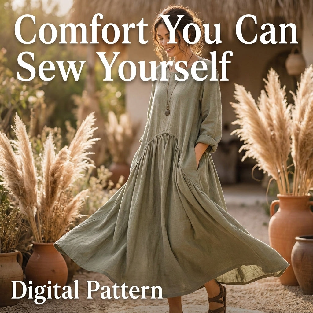 Boho Maxi Dress Sewing Pattern — Oversized Linen Dress with Deep Pockets, No Zips or Buttons, US 6–28W, A0 and A4 PDF