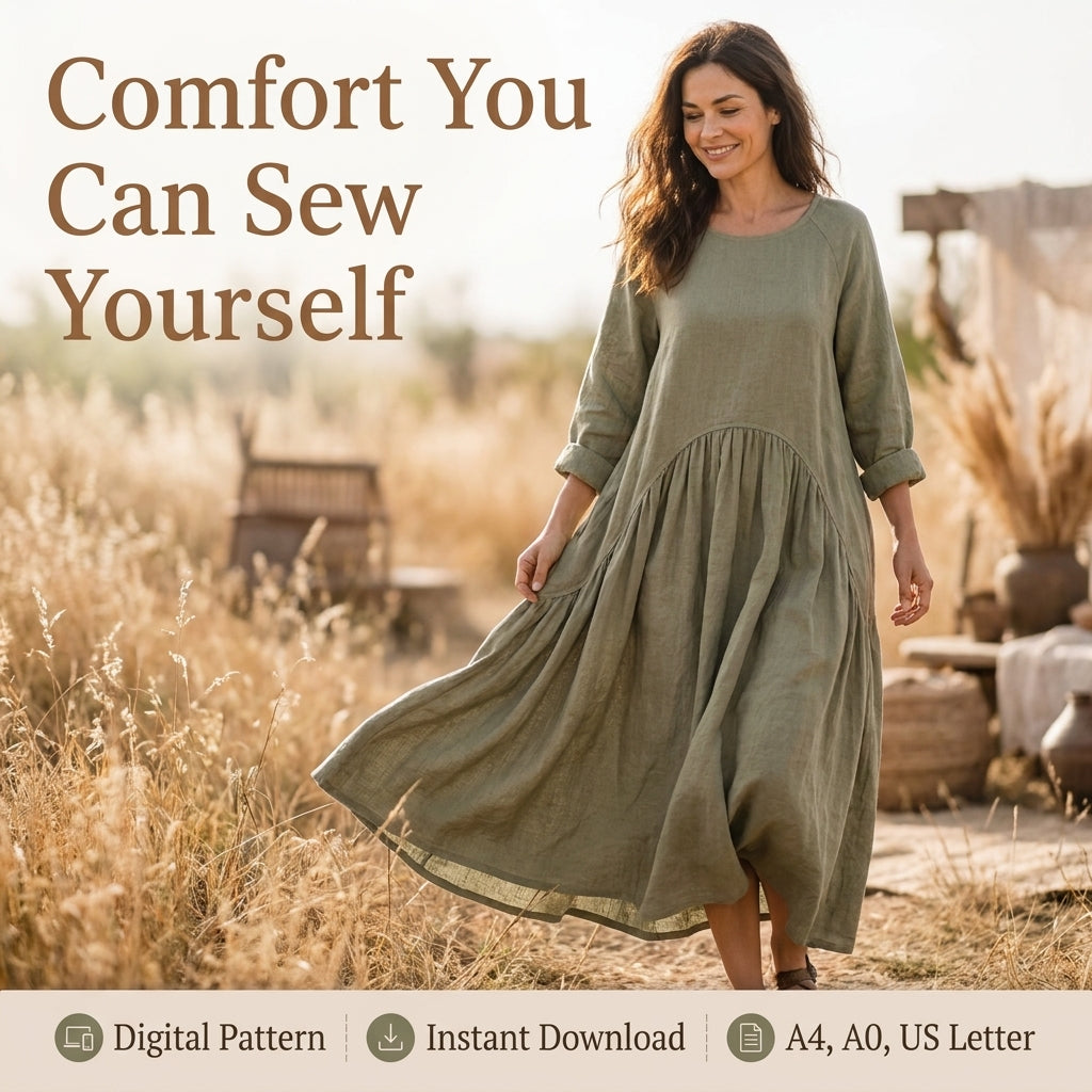 Boho Maxi Dress Sewing Pattern — Oversized Linen Dress with Deep Pockets, No Zips or Buttons, US 6–28W, A0 and A4 PDF