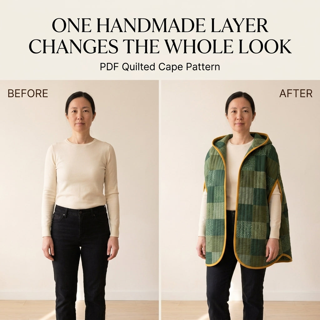 Quilted Cape Sewing Pattern – Hooded Patchwork Cape with Arm Slits