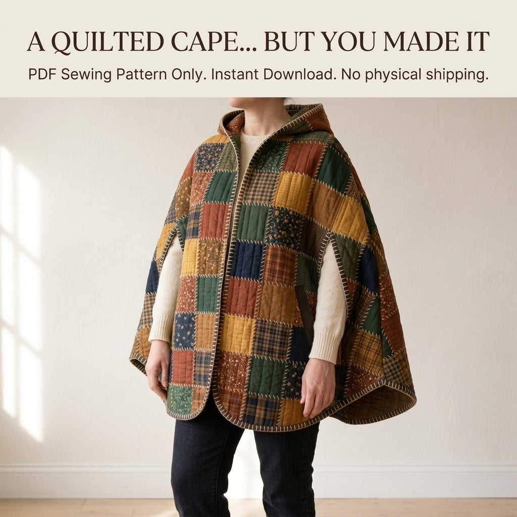 Hooded Patchwork Cape Sewing Pattern PDF – Quilted Autumn Cape with Hand Blanket Stitch Edges and Arm Slits