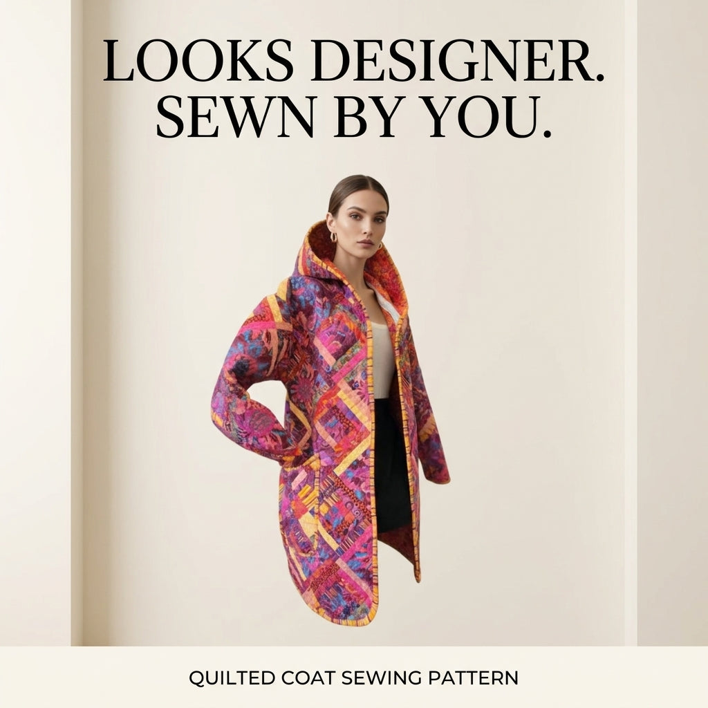 Quilt Coat Sewing Pattern — Longline Hooded Patchwork Coat with Bound Edges, Sizes XS–3XL, A0 and A4 PDF