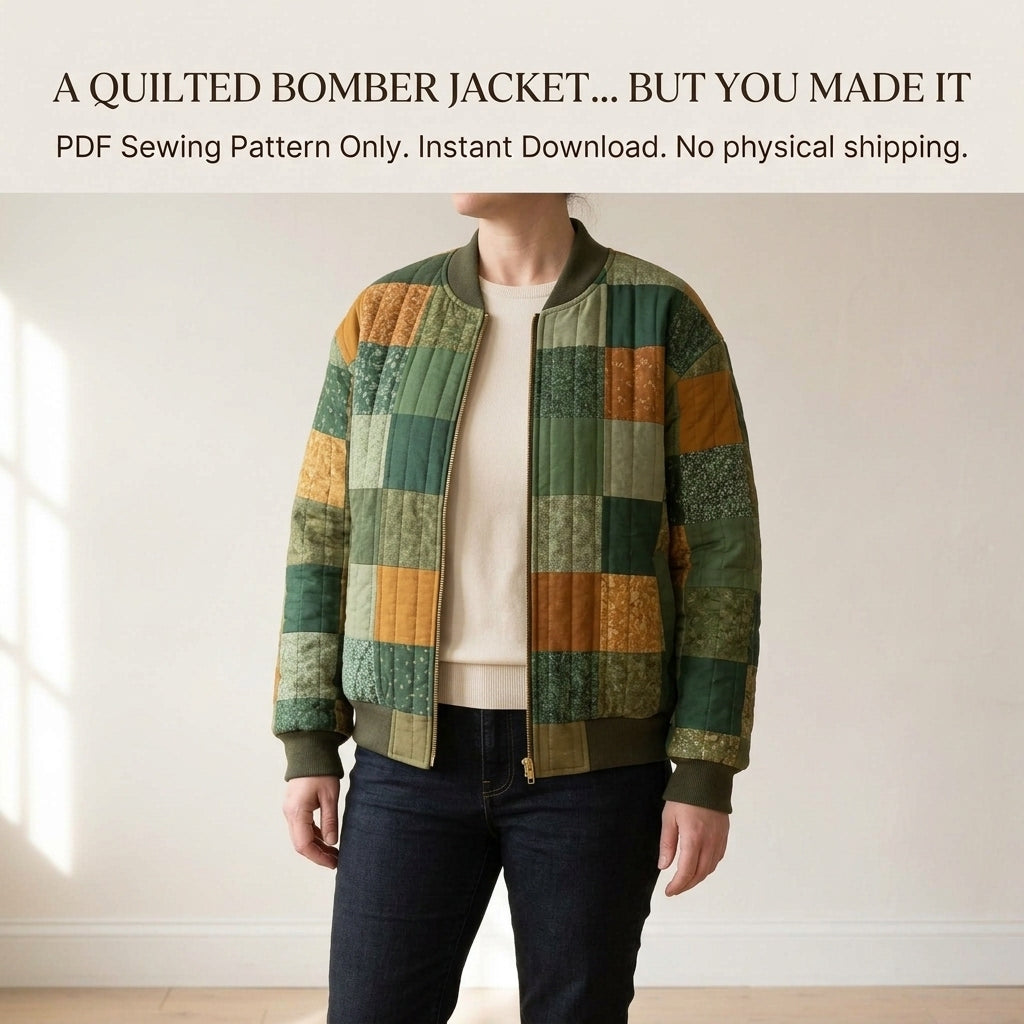 Quilted Bomber Jacket Sewing Pattern PDF – Patchwork Quilt Bomber with Zip and Rib Knit Trim