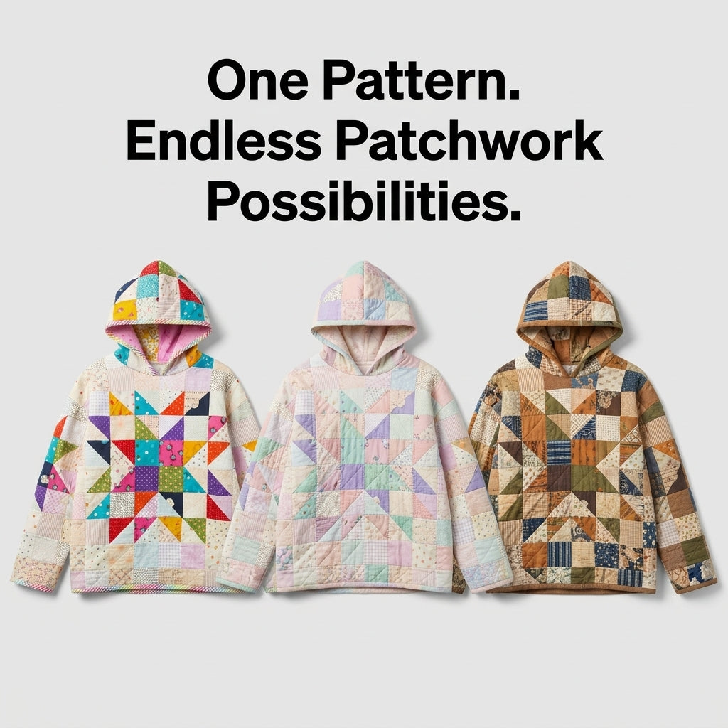 Quilted Hoodie Sewing Pattern — Pullover Patchwork Hoodie with Star Block, Sizes XS–3XL, A0 and A4 PDF