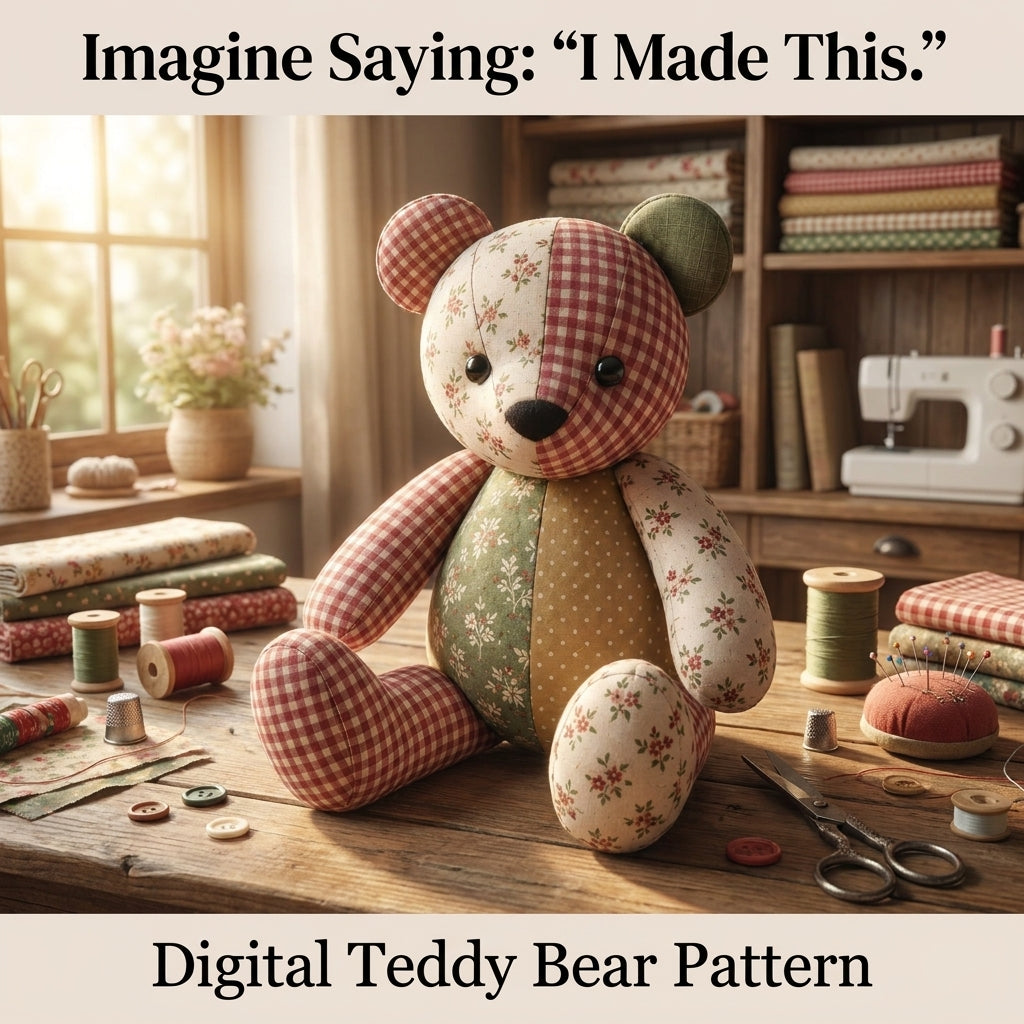 Patchwork Teddy Bear PDF Sewing Pattern | Memory Bear from Keepsake Fabrics | Jointed-Look Sitting Bear | Instant Download