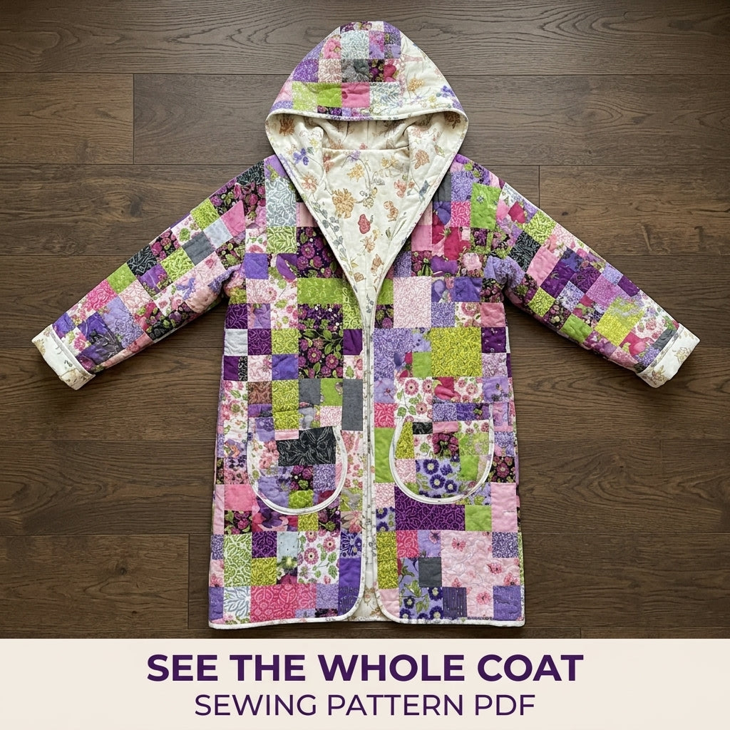 Hooded Patchwork Quilt Coat Sewing Pattern PDF – Long Quilted Coat with Hood