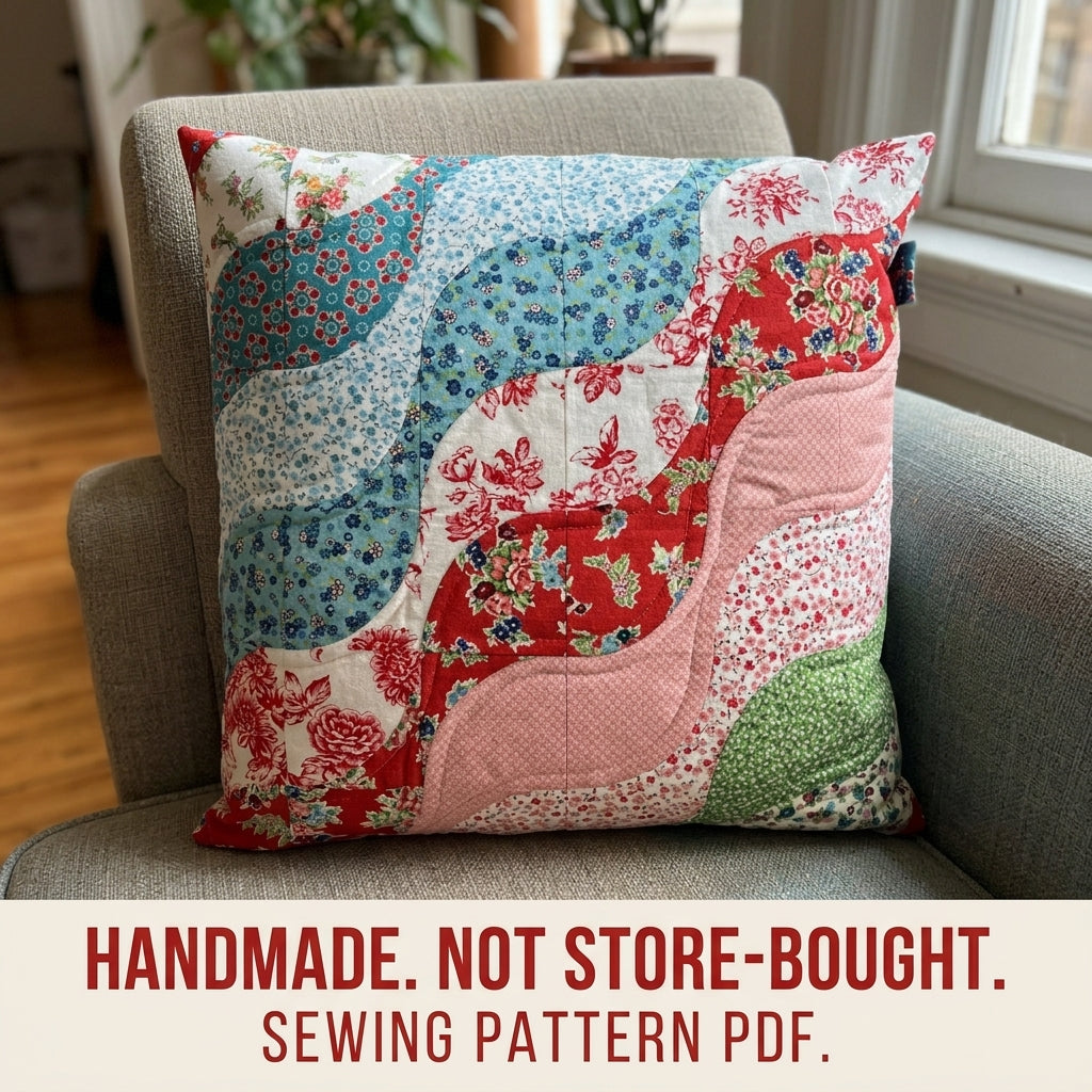 Wave Patchwork Cushion Sewing Pattern PDF – Curved Piecing Pillow