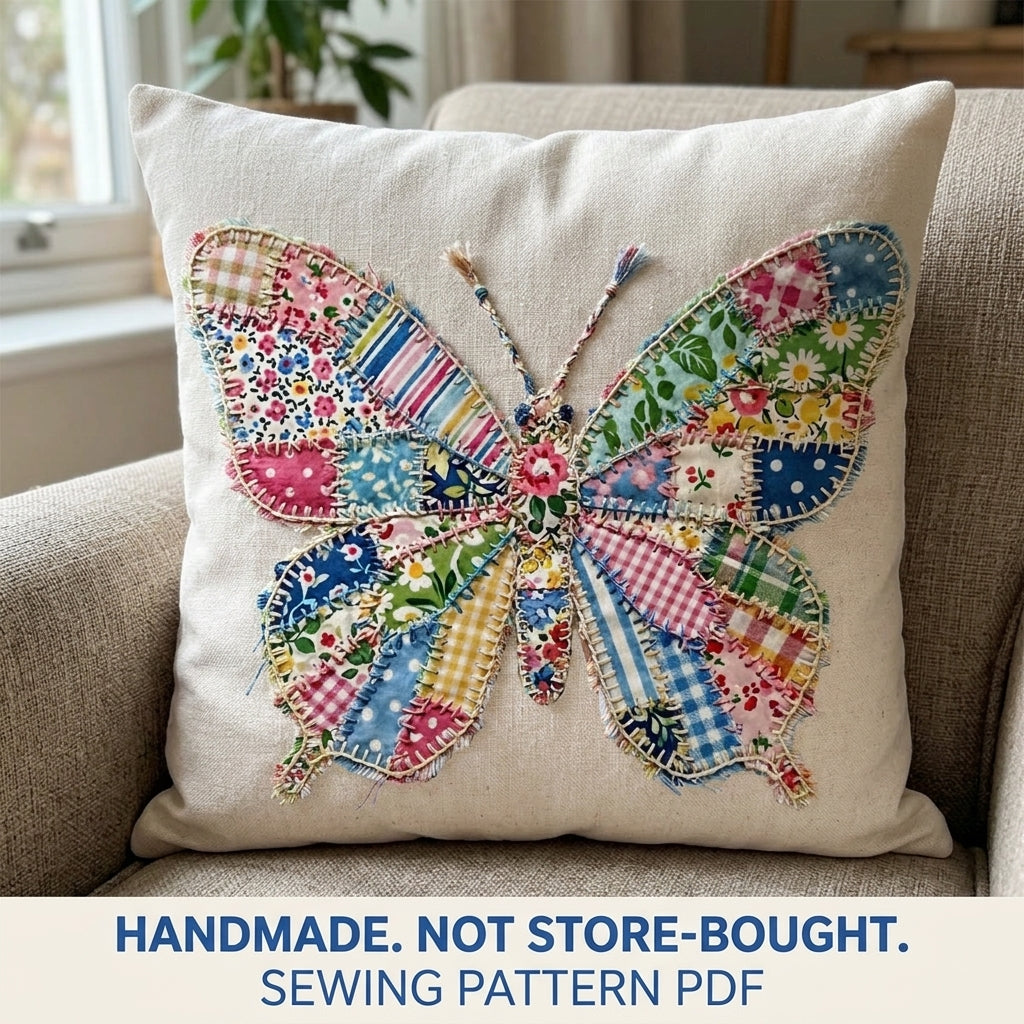 Patchwork Butterfly Appliqué Cushion Sewing Pattern PDF – Scrappy Pillow