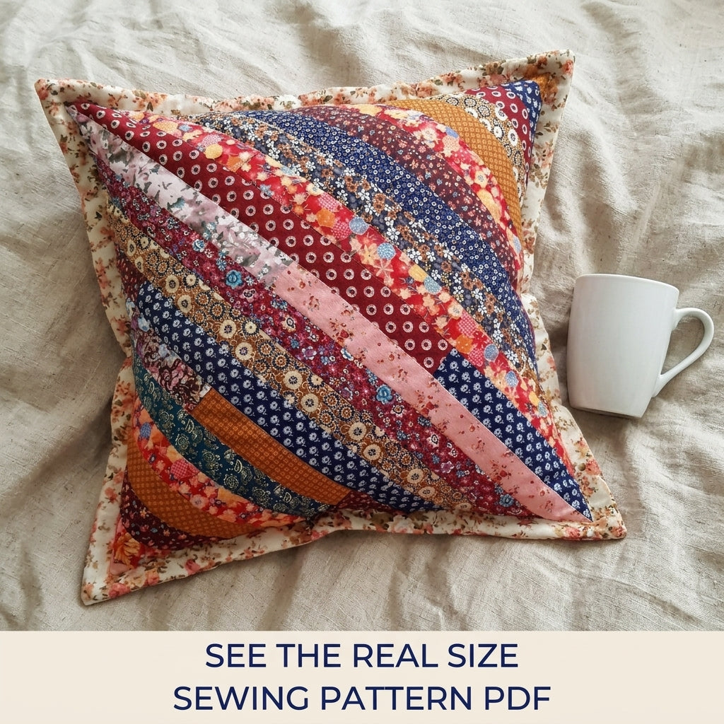 Diagonal String Patchwork Cushion Sewing Pattern PDF – Scrap Pillow Cover