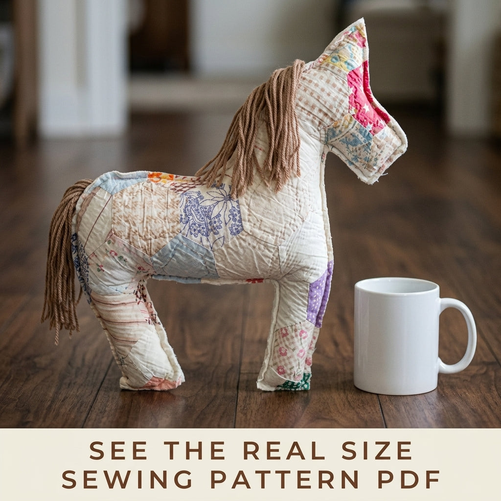 Patchwork Quilt Horse Sewing Pattern PDF – Stuffed Horse from Old Quilt Scraps