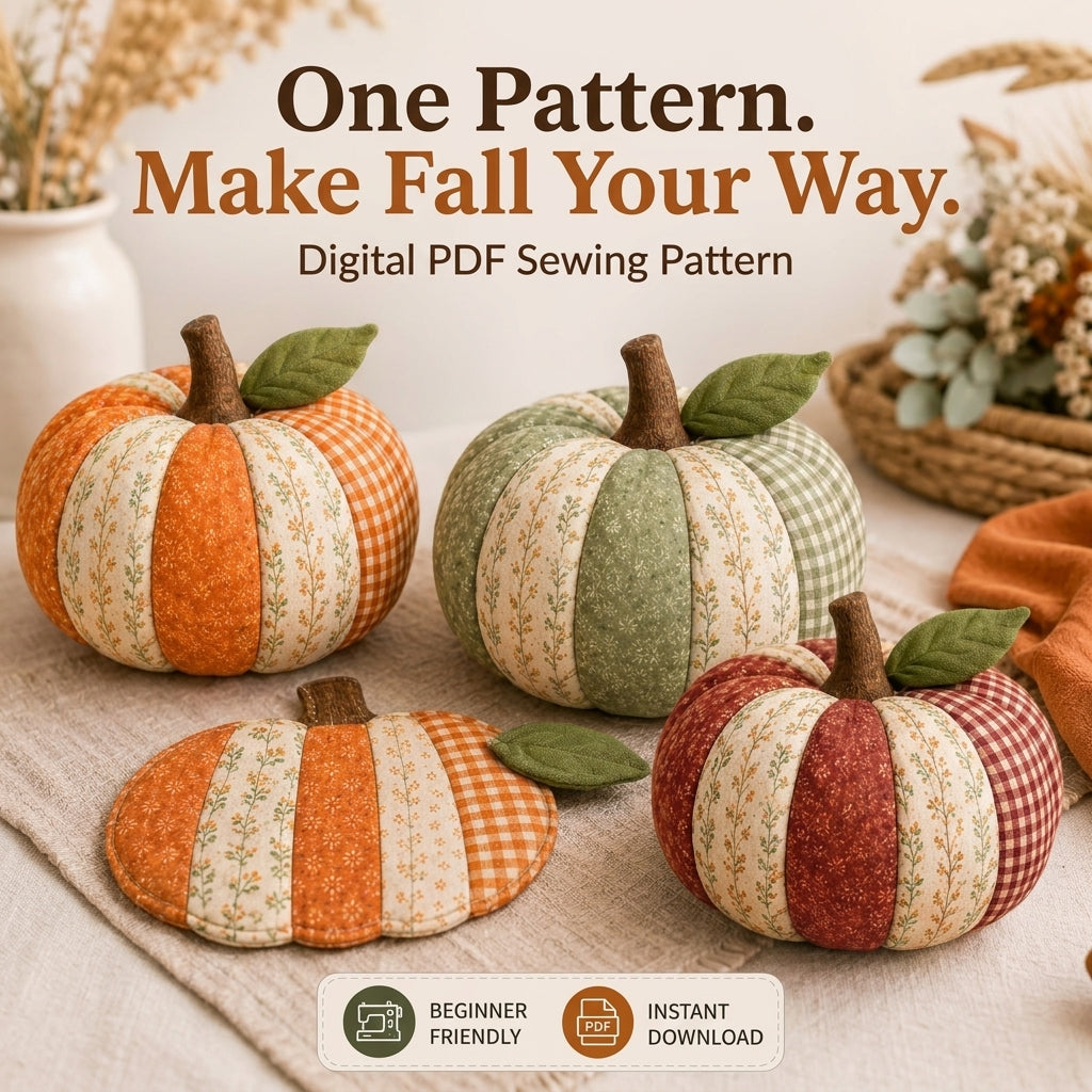 Patchwork Pumpkin Sewing Pattern — 3D Fabric Pumpkin and Flat Décor Mat, Two Projects, Beginner Friendly, PDF Download