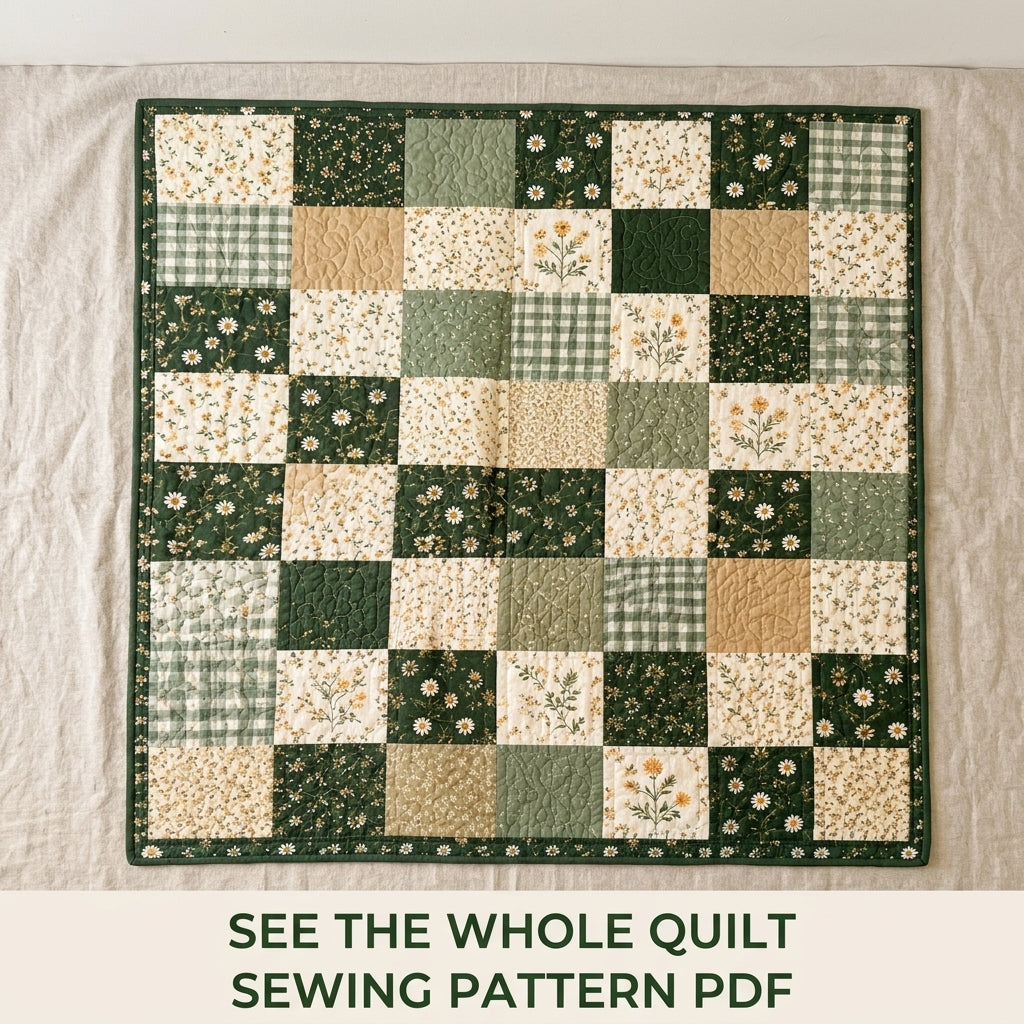 Green Meadow Patchwork Quilt Sewing Pattern PDF – Easy Squares Green Floral Quilt