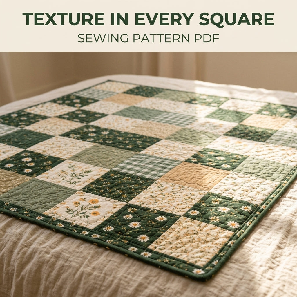 Green Meadow Patchwork Quilt Sewing Pattern PDF – Easy Squares Green Floral Quilt