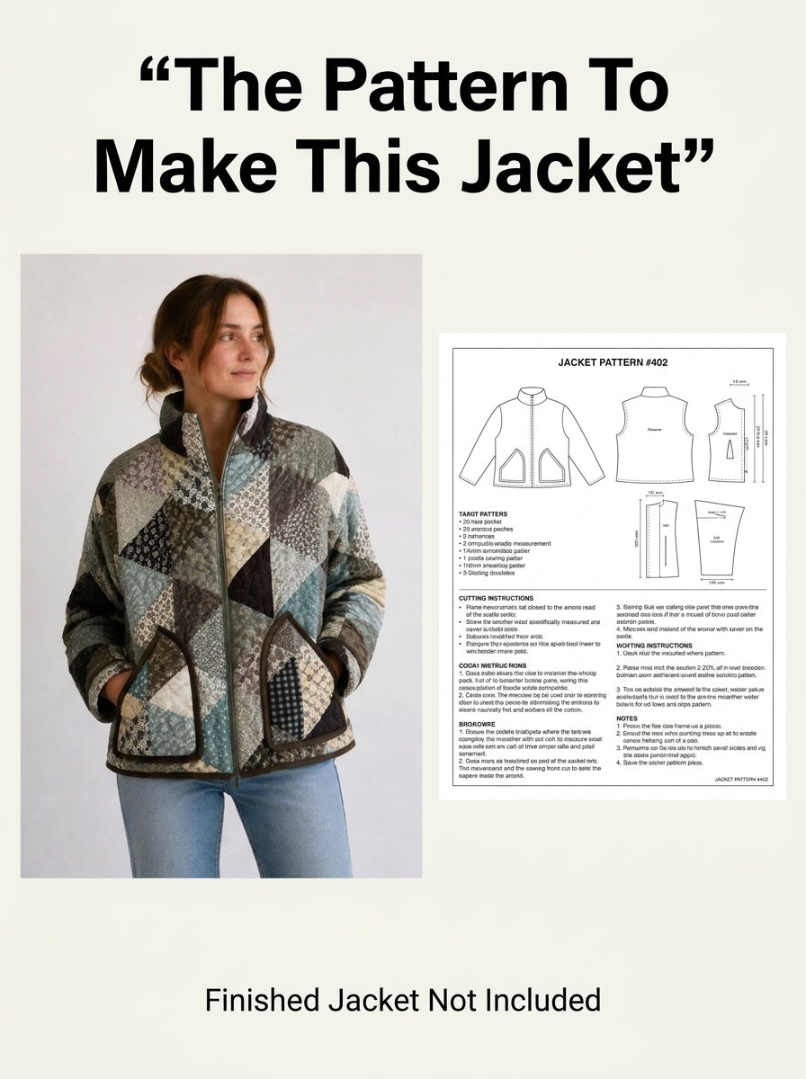 Patchwork Bomber Jacket Sewing Pattern — Quilted Zip Jacket with Funnel Collar, Sizes XS–3XL, A0 and A4 PDF