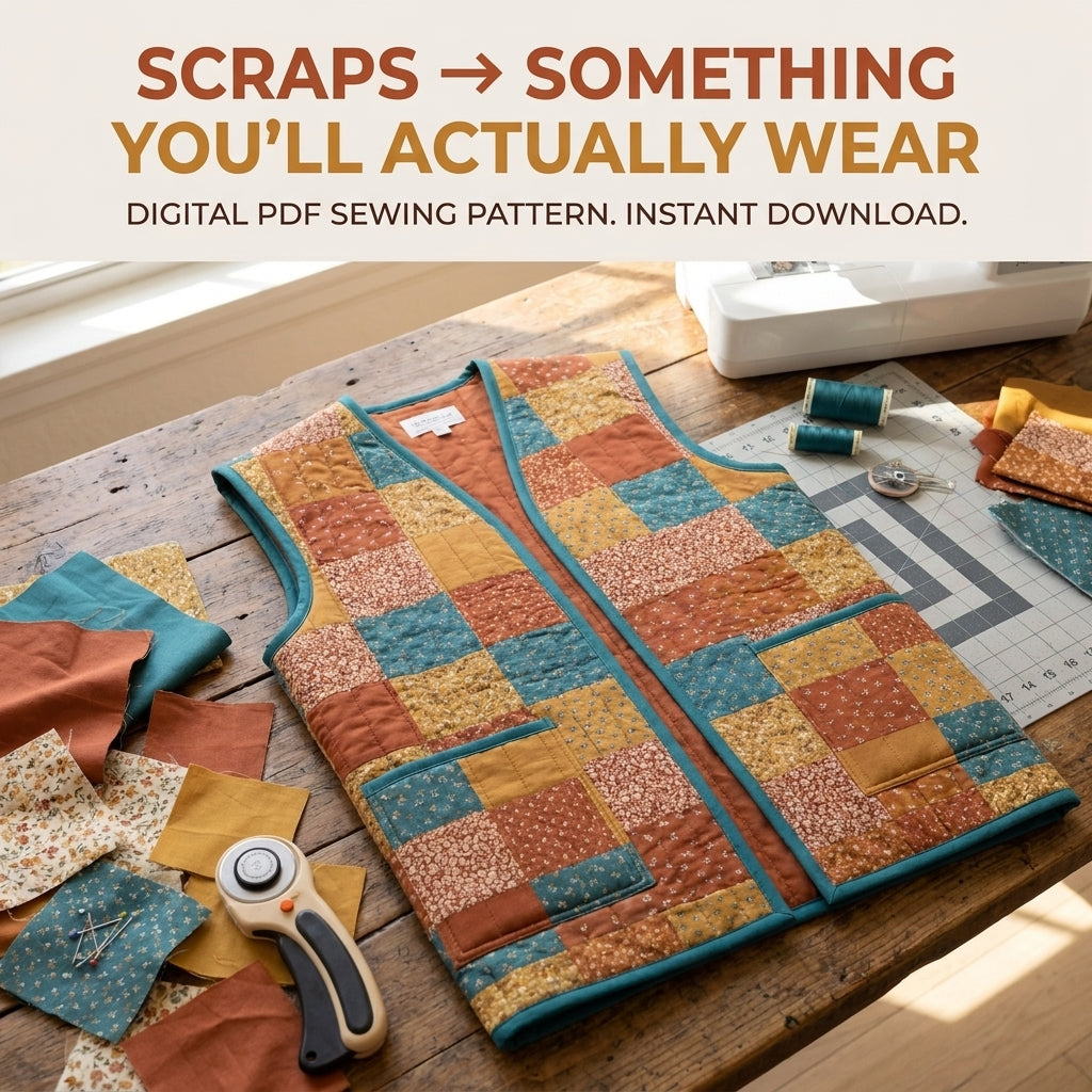 Quilted Vest Sewing Pattern – Patchwork Vest with Patch Pockets