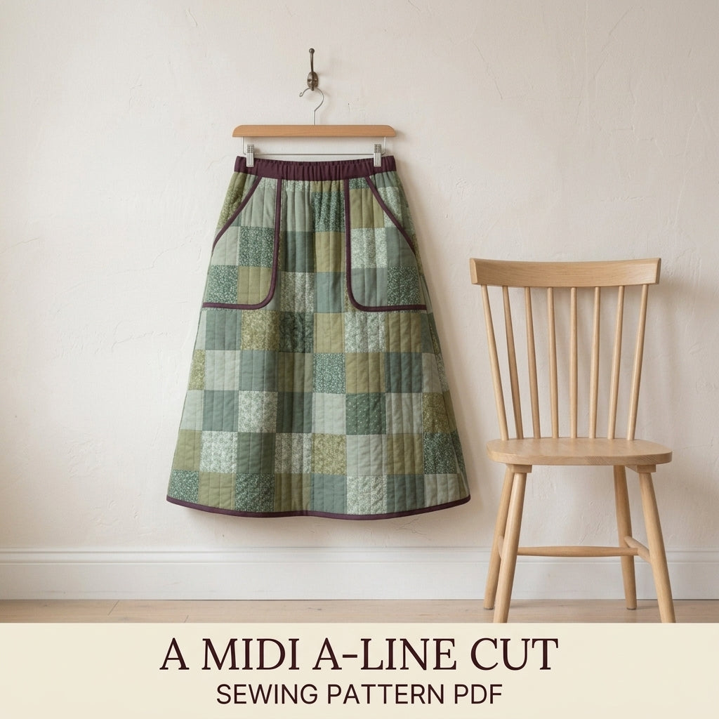 Quilted Skirt Sewing Pattern PDF – Patchwork Midi Skirt with Elastic Waist and Pockets