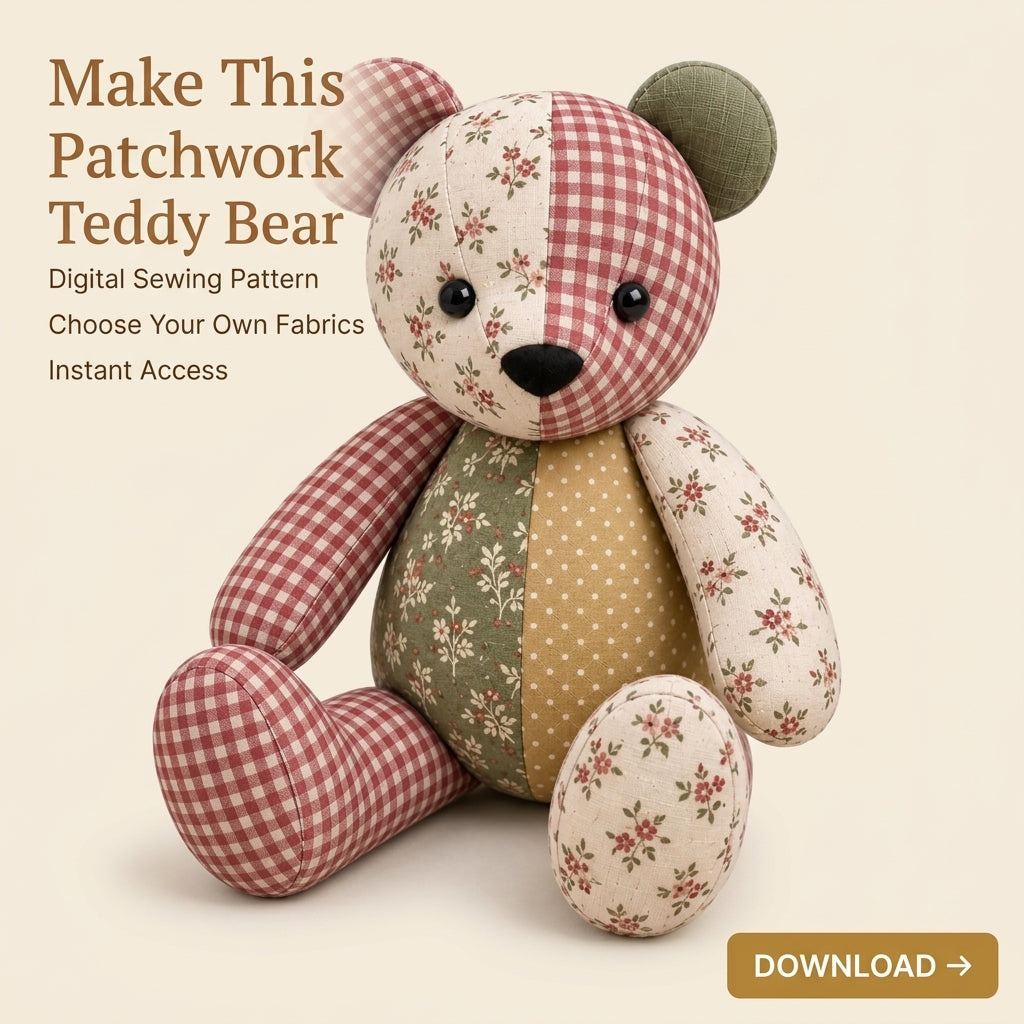 Patchwork Teddy Bear PDF Sewing Pattern | Memory Bear from Keepsake Fabrics | Jointed-Look Sitting Bear | Instant Download
