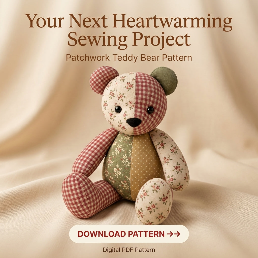 Patchwork Teddy Bear PDF Sewing Pattern | Memory Bear from Keepsake Fabrics | Jointed-Look Sitting Bear | Instant Download