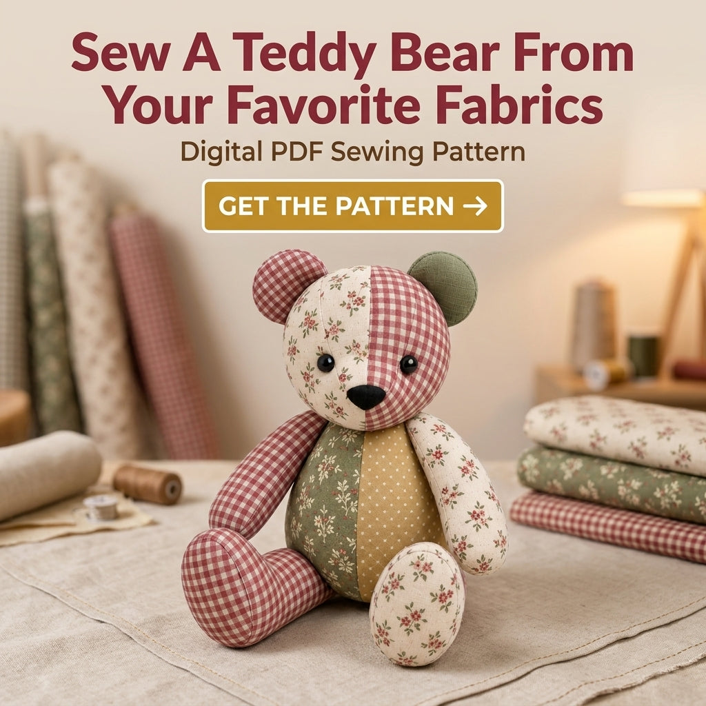 Patchwork Teddy Bear PDF Sewing Pattern | Memory Bear from Keepsake Fabrics | Jointed-Look Sitting Bear | Instant Download