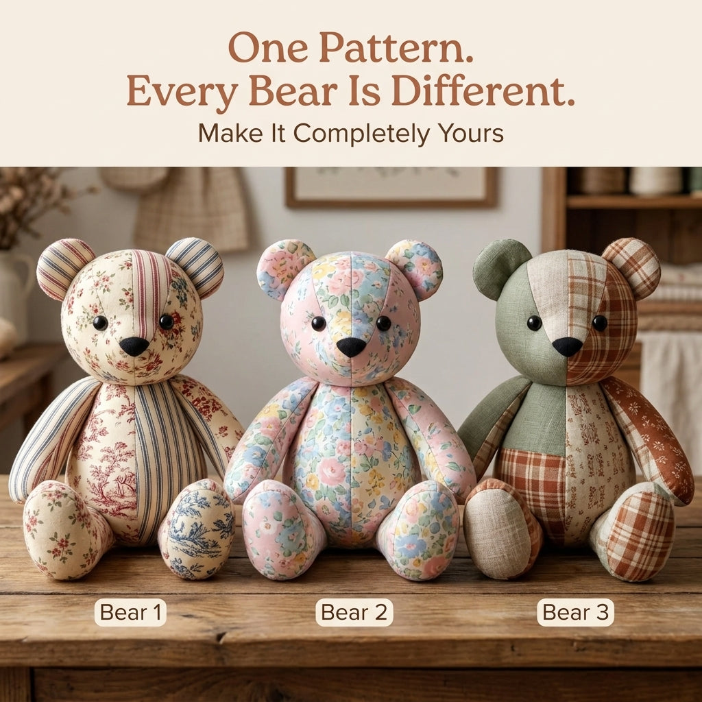 Patchwork Teddy Bear PDF Sewing Pattern | Memory Bear from Keepsake Fabrics | Jointed-Look Sitting Bear | Instant Download