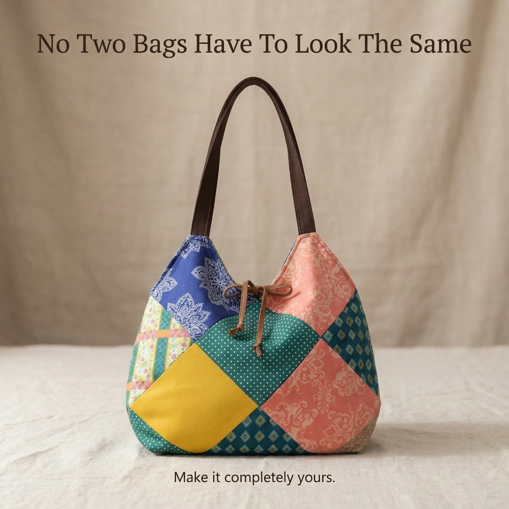 Patchwork Tote Bag Sewing Pattern — Slouchy Drawstring Shopper with Leather Handles, Beginner Friendly, PDF Download