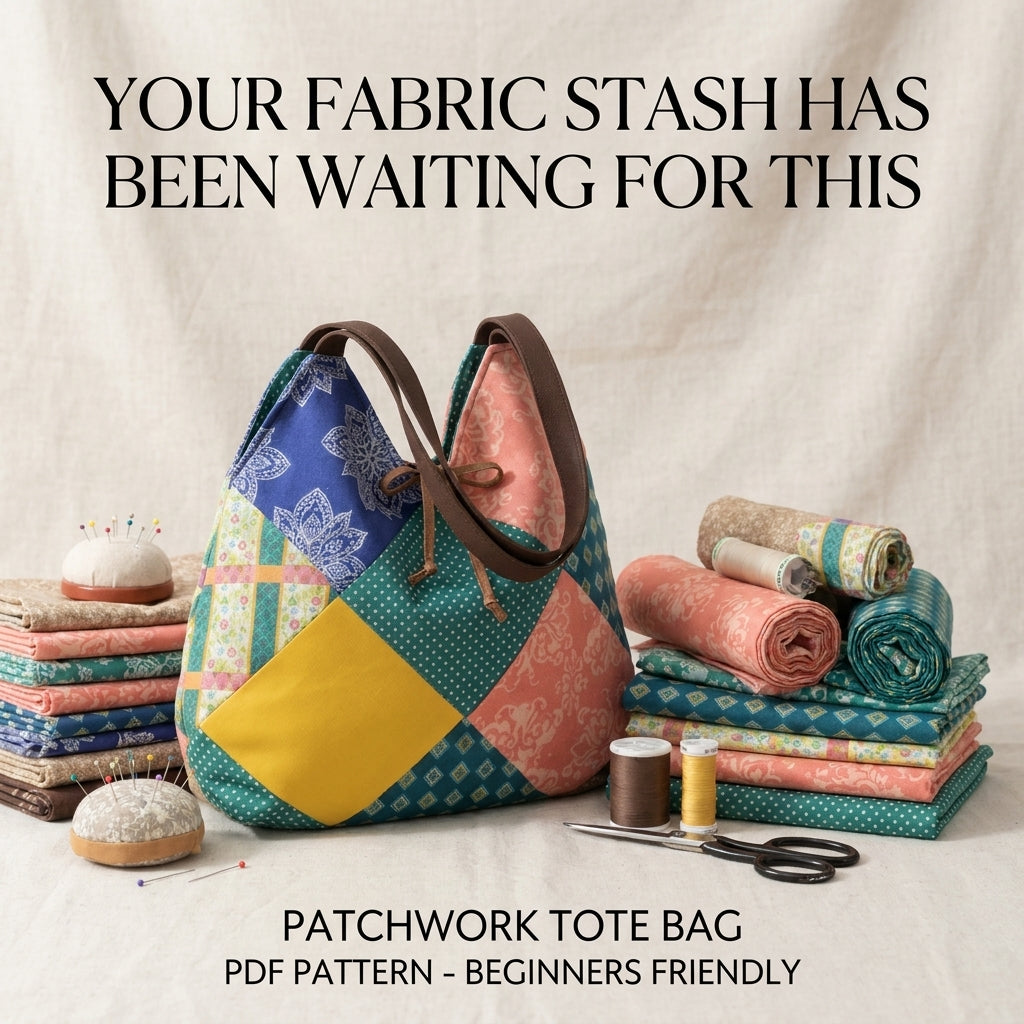 Patchwork Tote Bag Sewing Pattern — Slouchy Drawstring Shopper with Leather Handles, Beginner Friendly, PDF Download