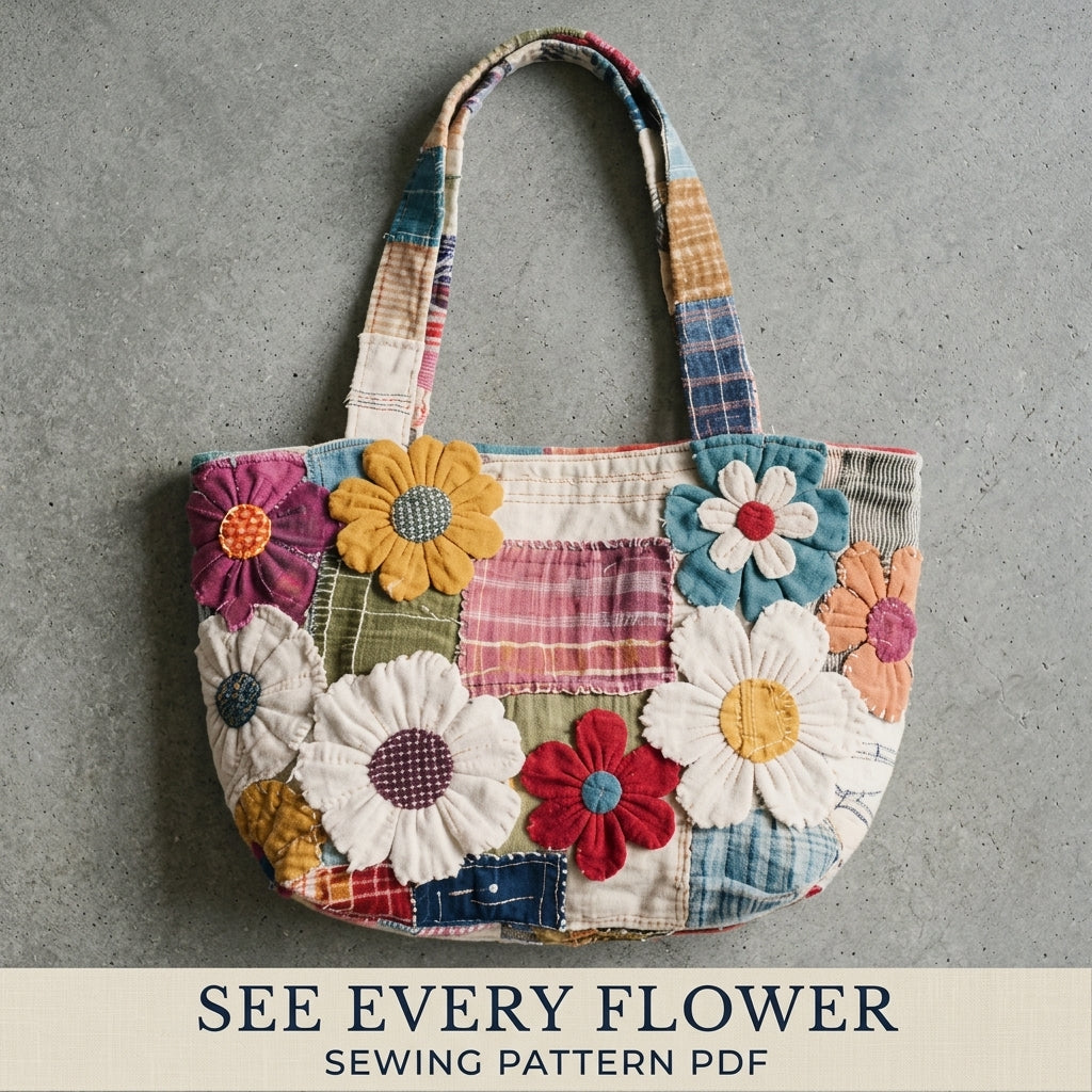 Daisy Garden Rag Patchwork Tote Sewing Pattern PDF – Boho Fabric Flower Bag