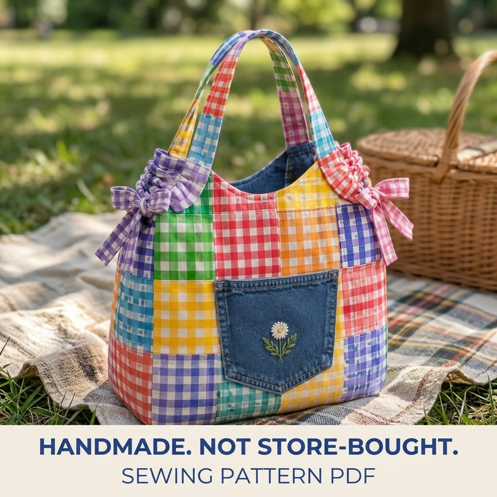 Gingham Patchwork Tote Sewing Pattern PDF – Scrappy Bag with Jeans Pocket